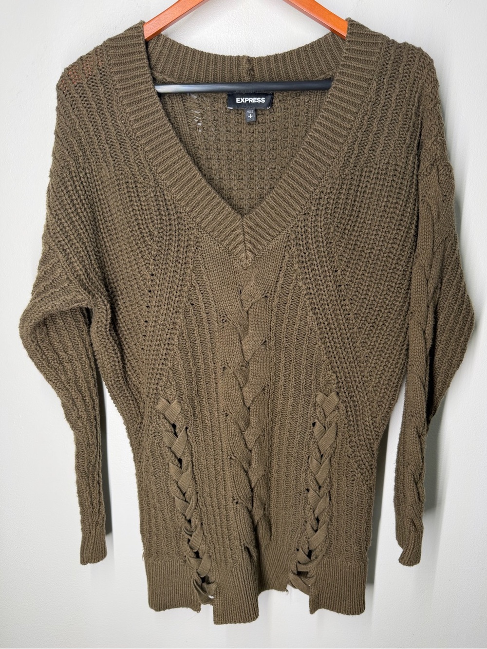 Express‎ Olive Green Cable Knit Lace Up Sweater Oversized Boho Grunge Fisherman